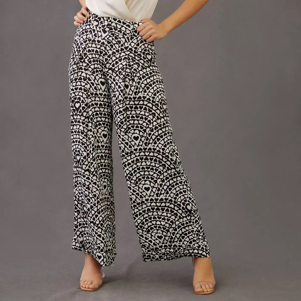 Farm Rio Anthropologie Heart Pleated Wide-Leg Pants Medium